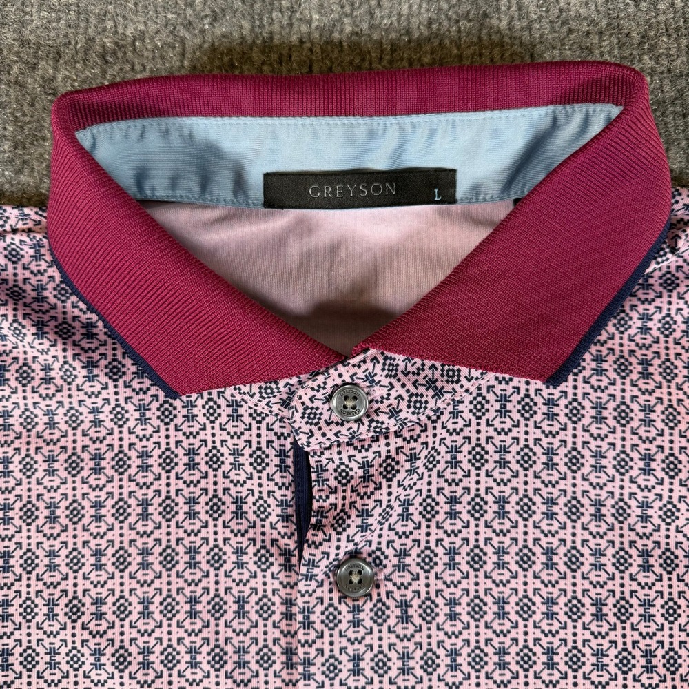 Greyson Mens Pink Geometric Arrow Print Performance Golf Polo Shirt Large 3466